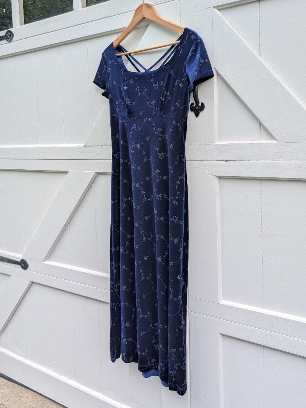 Vintage 90s CDC Petites Navy Blue Velvet Strappy Back Maxi Dress